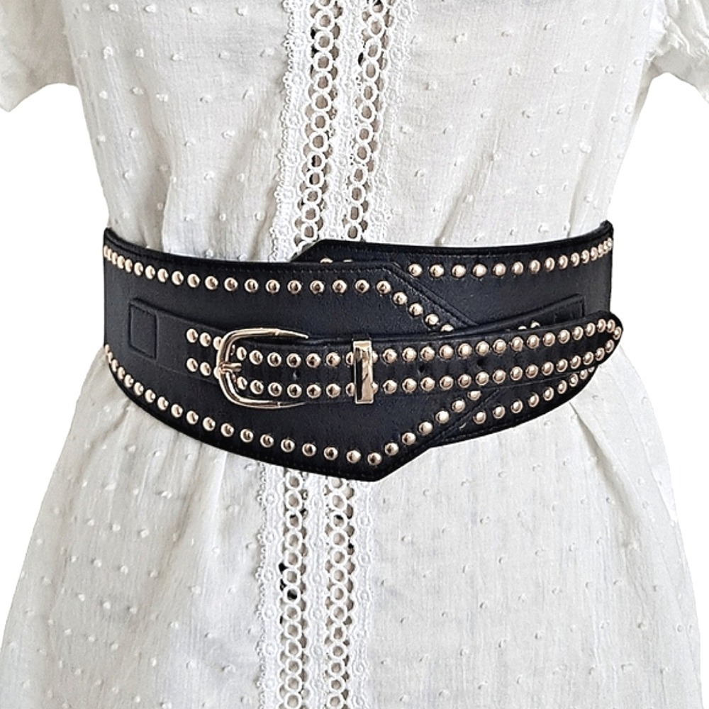 Wide black faux leather gold buckle studded Belt corset stretch punk Statement
